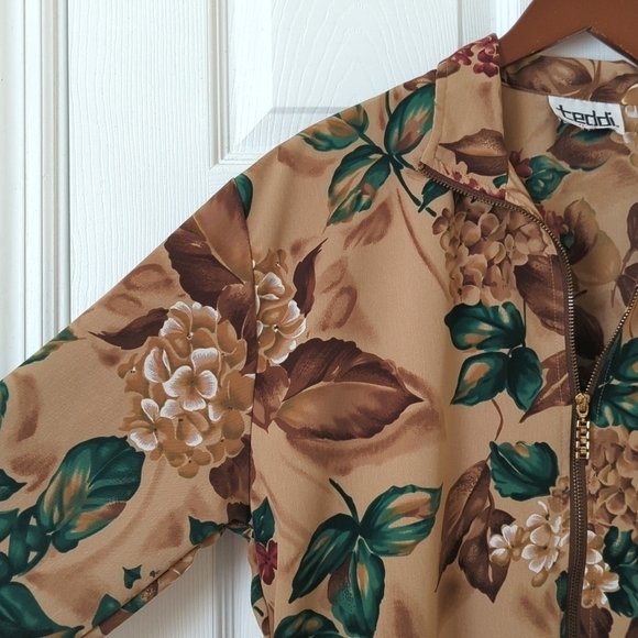 Teddi 90's Vintage Floral Printed Lightweight Silky Zip Up Jacket Brown Green SP - Picture 4 of 14